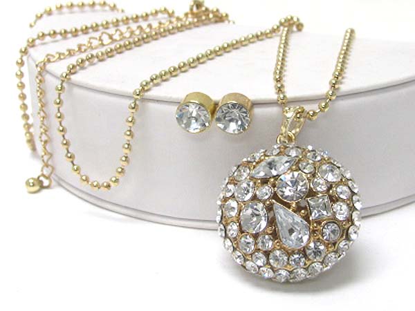 Mixed crystal stud metal ball pendant long necklace earring set