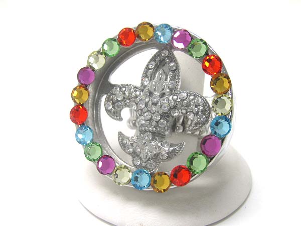 Large crystal stud round stretch ring - fleur de lis