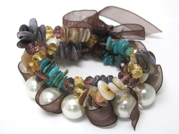 Facet glass stone and natural chip stone stretch bracelet