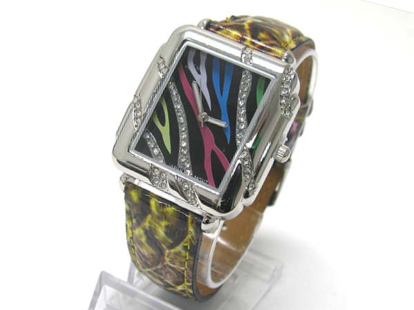 Crystal stud animal pattern leather band watch