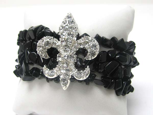 Crystal fleur de lis multi row chip stone stretch bracelet