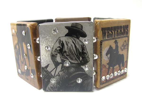 Crystal stud western theme paper art work wood stretch bracelet