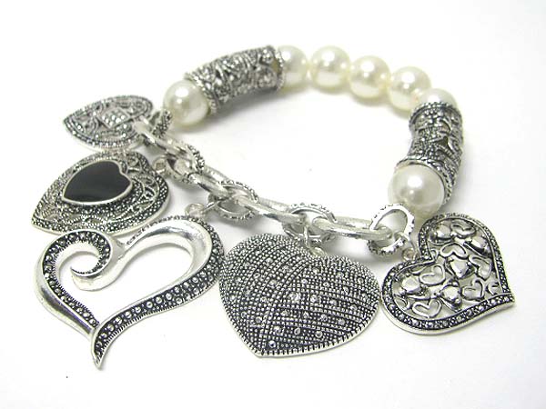 Marcasite look texture multi heart charm stretch bracelet