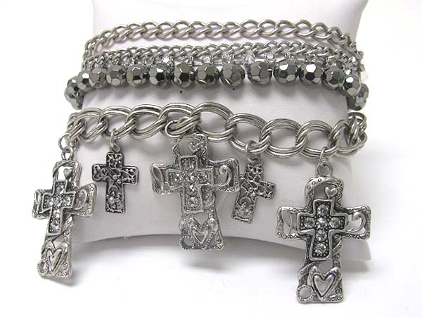 Crystal stud metal cross charm dangle multi row chain bracelet