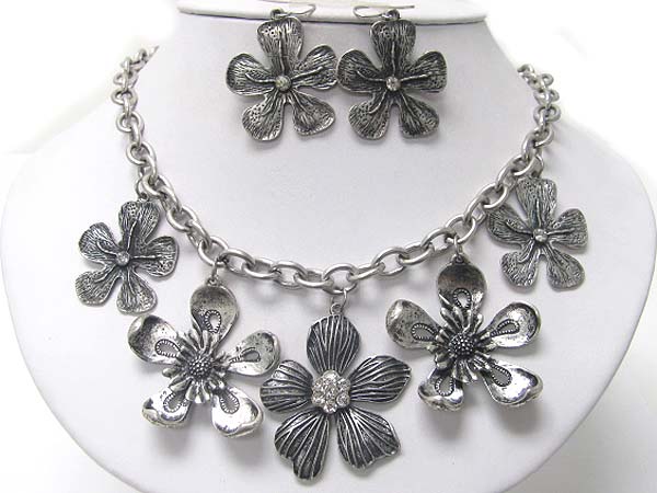 Crystal stud metal flower dangle neckalce earring set