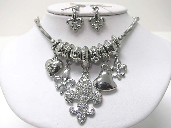 Crystal fleur del lis and heart dangle neckalce earring set