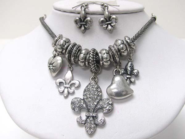 Crystal fleur del lis and heart dangle neckalce earring set