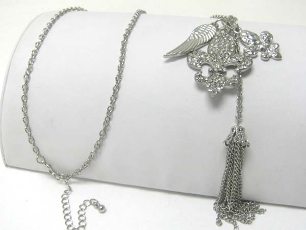 Crystal fleur del is and wing dangle long neckalce earring set