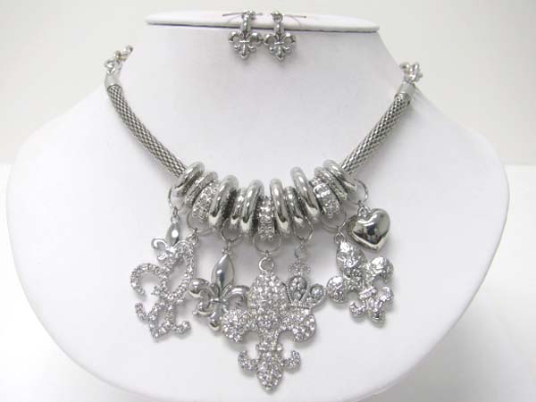 Crystal fleur del lis dangle neckalce earring set