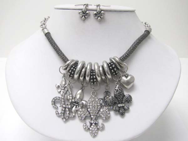 Crystal fleur del lis dangle neckalce earring set