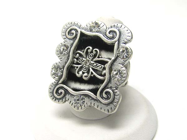 Crystal stud cross and zebra pattern antique metal stretch ring