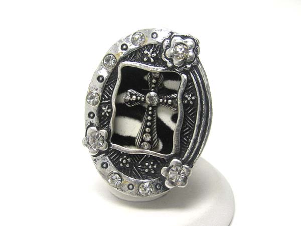 Crystal stud cross and zebra pattern antique metal stretch ring