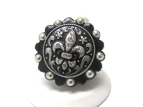 Crystal stud fleur de lis antique metal round stretch ring