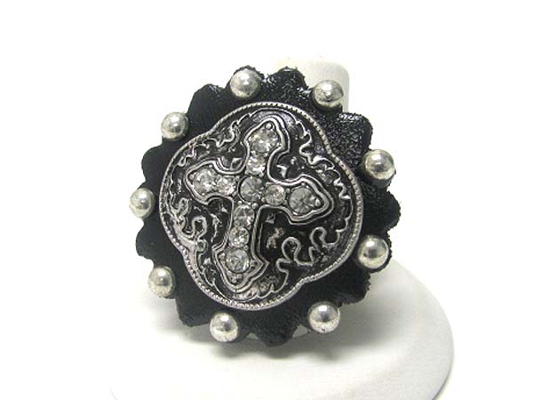 Crystal stud cross antique metal round stretch ring