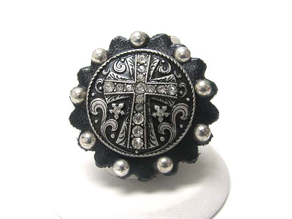 Crystal stud cross antique metal round stretch ring