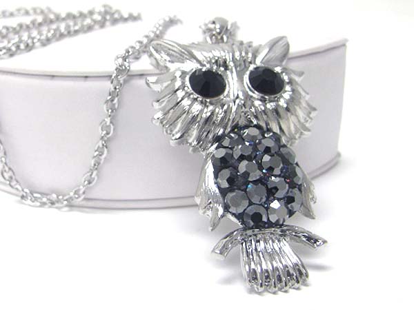 Crystal stud large owl pendant long chain necklace