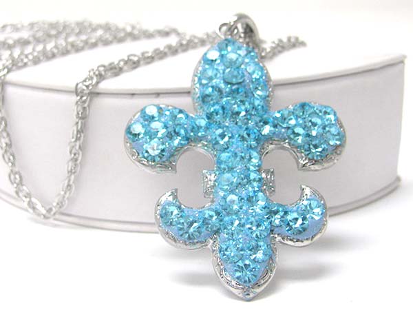 Crystal stud large fleur de lis pendant long chain necklace