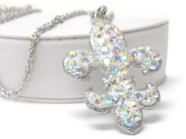 Crystal stud large fleur de lis pendant long chain necklace