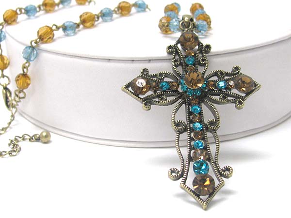 Crystal deco cross pendant and beads chain necklace