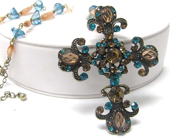 Crystal deco cross pendant and beads chain necklace