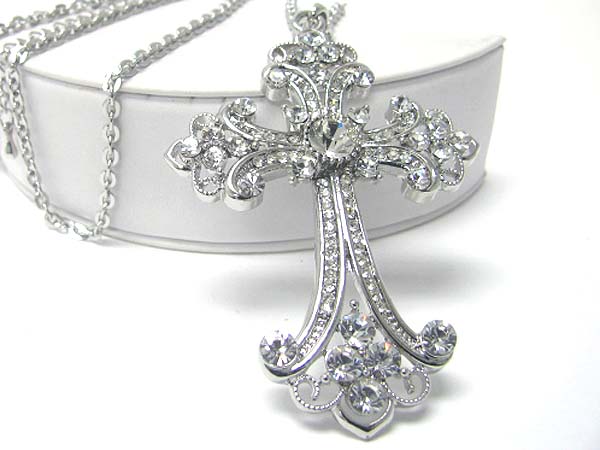 Crystal deco cross pendant long chain necklace