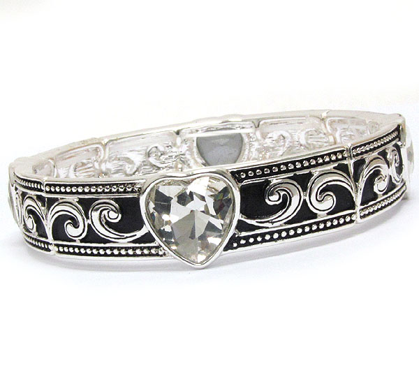 Facet glass heart accent metal casting stretch bracelet