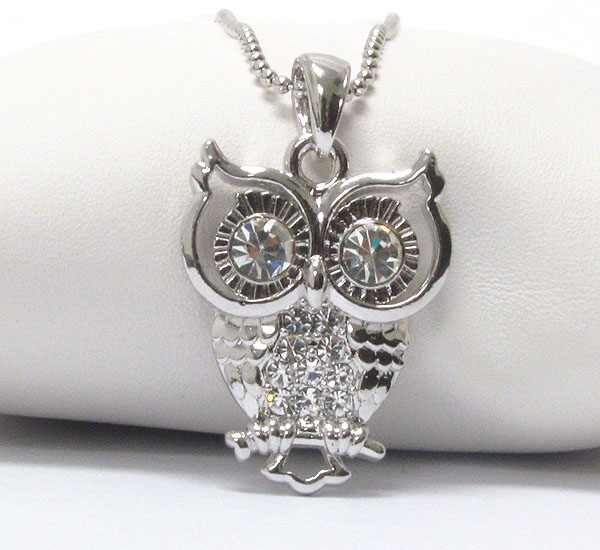 Made in korea whitegold plating and crystal deco owl pendant necklace