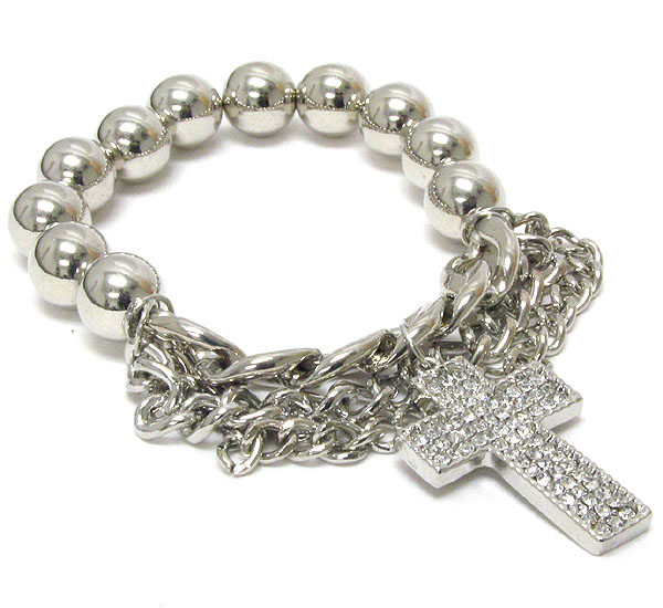 Crystal cross and metal ball stretch bracelet