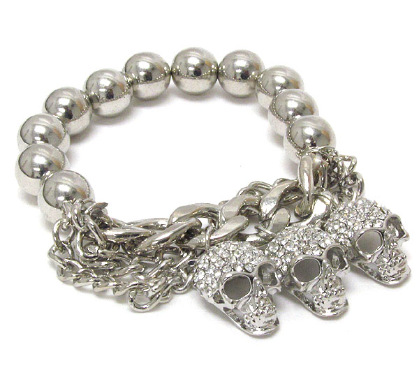 Crystal deco triple skull and metal ball stretch bracelet