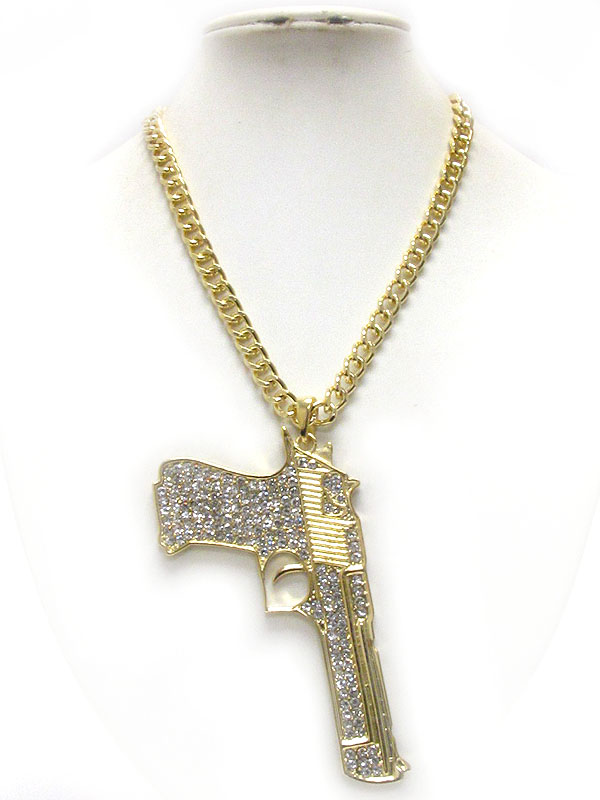 Crystal deco large gun pendant and thick chain necklace