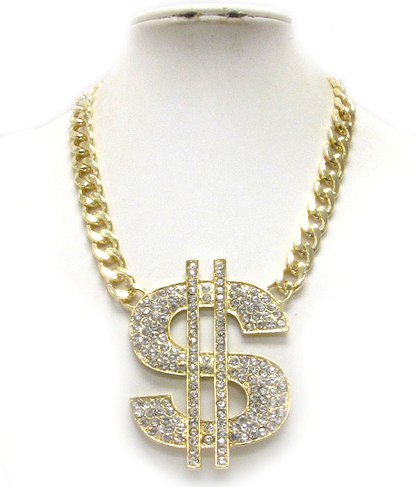 Crystal deco large dollar pendant and thick chain necklace