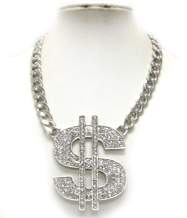 Crystal deco large dollar pendant and thick chain necklace