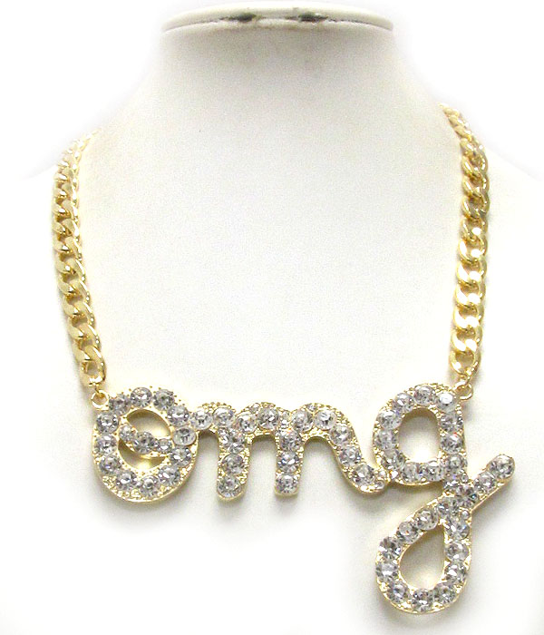 Crystal deco large omg pendant and thick chain necklace