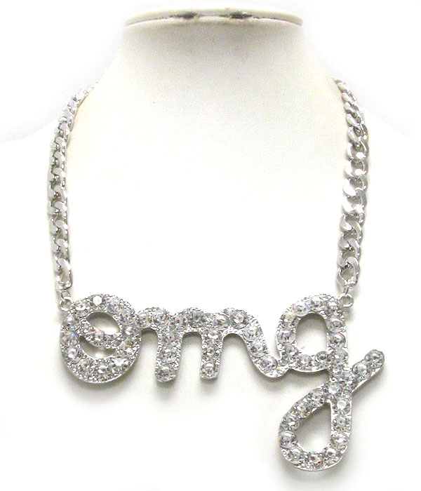 Crystal deco large omg pendant and thick chain necklace