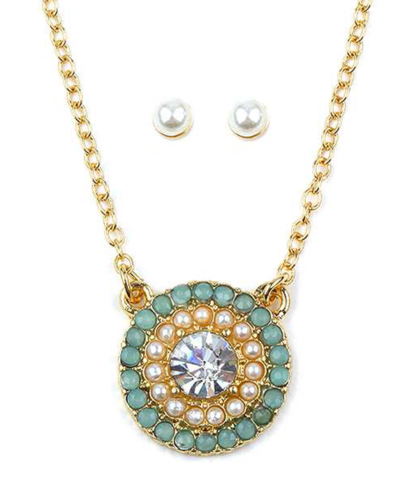 Crystal and pearl disk pendant necklace set