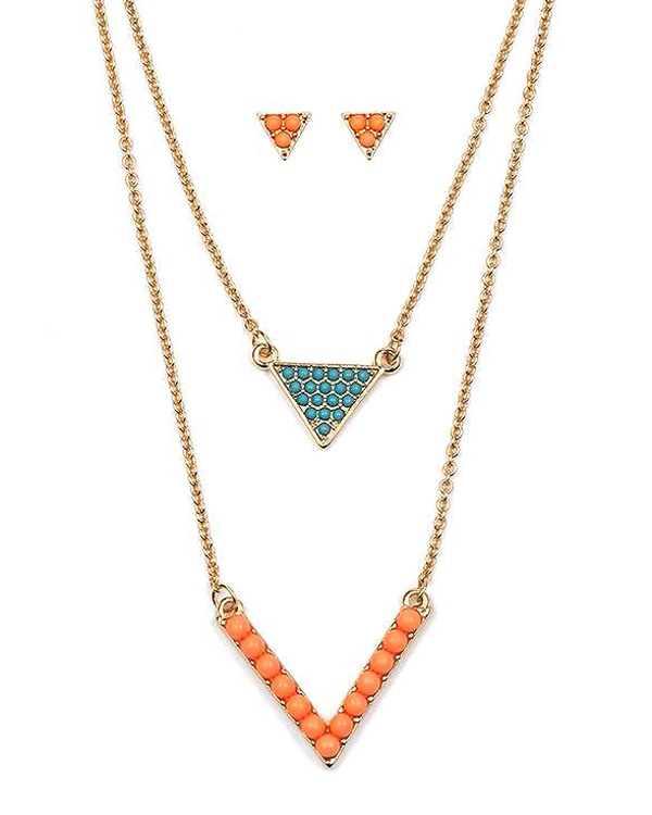 Turquoise and coral chevron and triangle double layer necklace set