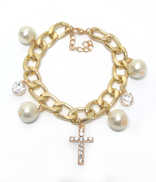 Cross and pearl charm bracelet