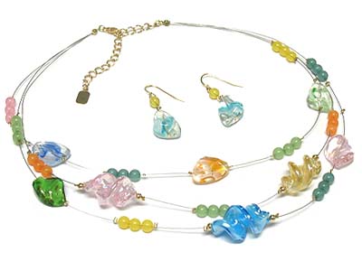 Screwed glass nugget and beads triple strands wire necklace and earring set 