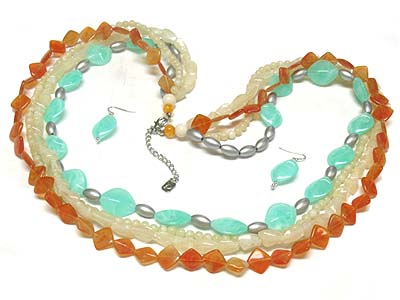 Multi strands marblic beads long necklace and earring set 