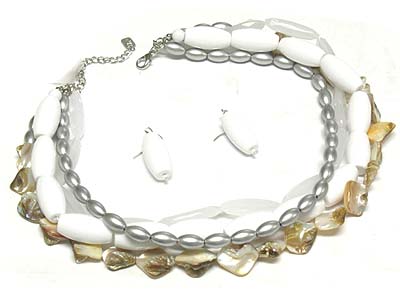 Multi strands shell and marblic beads necklace and earring set