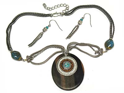 Seed bead deco wood disk and double mesh chain necklace and earring set