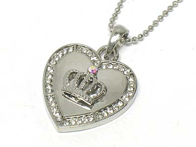 Crystal side deco heart and crown pendant necklace