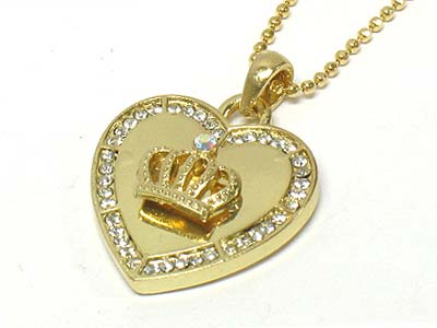 Crystal side deco heart and crown pendant necklace 