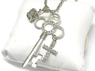 Crystal key pendant and crown and cross charm necklace