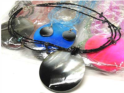 Assorted color dozen pack - shell round disk pendant multi strands necklace and earring set mens jewelry