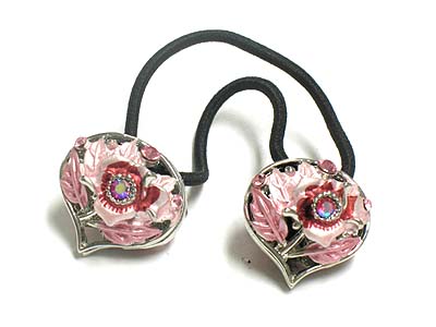 Dual crystal flower deco heart pony tail holder