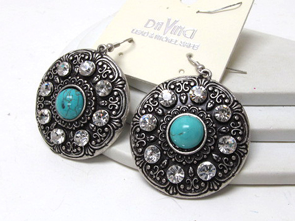 Multi crystal metal art work center natural stone drop earring