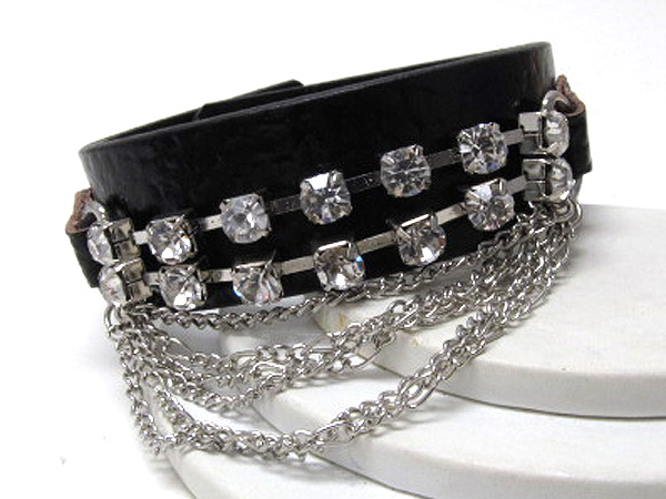 Two line crystal patern and drop multi chian leatherette button bracelet