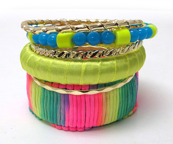 Multi fashion colorful one acryl multi patern balls and square row mishmash spring bangle set