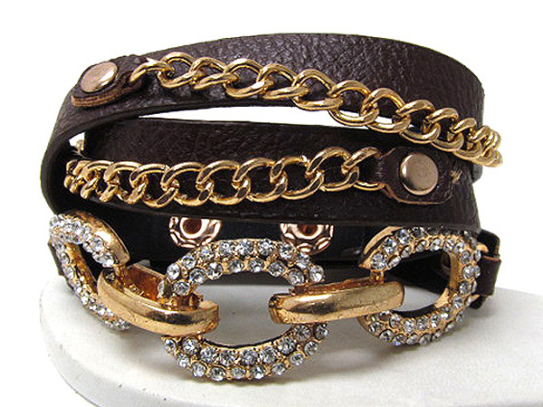 Multi crystal chain and leather wraped bracelet